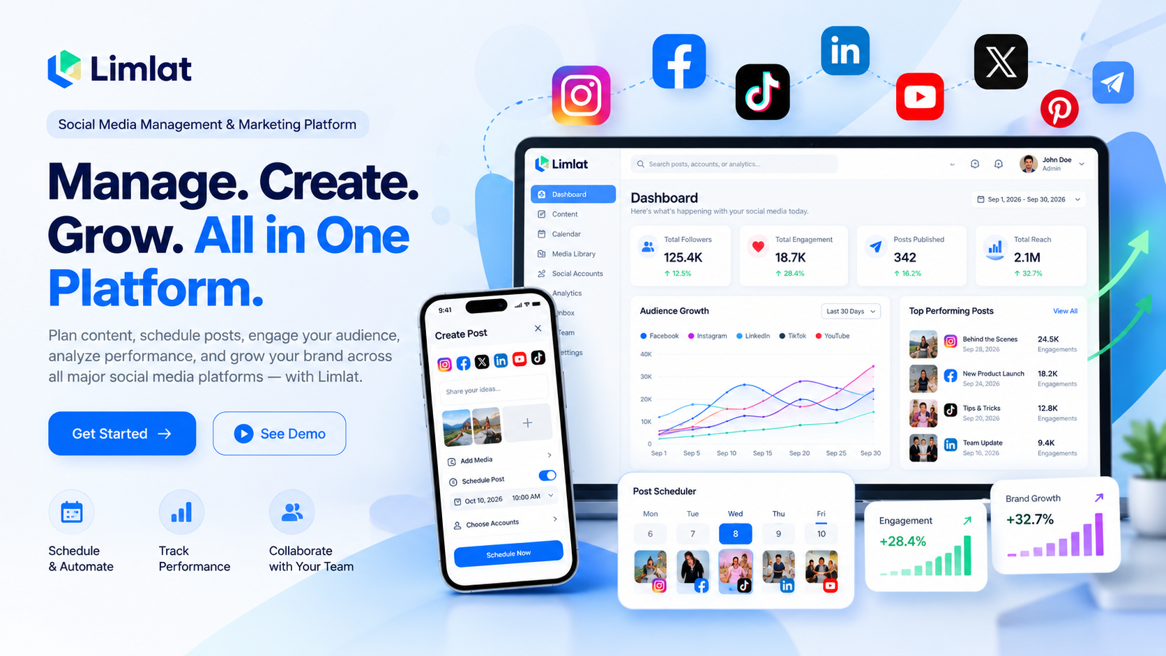 Limlat social media management and marketing platform, showing a publishing dashboard, post scheduler, social channel integrations, and analytics.